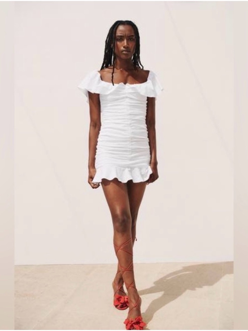 Zara White Off-Shoulder Ruffle Ruched Mini Dress